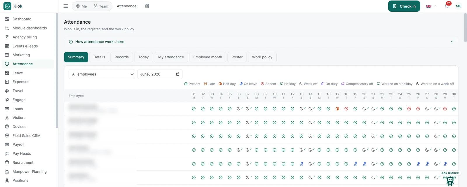 Klok module dashboard, a real screen from the app