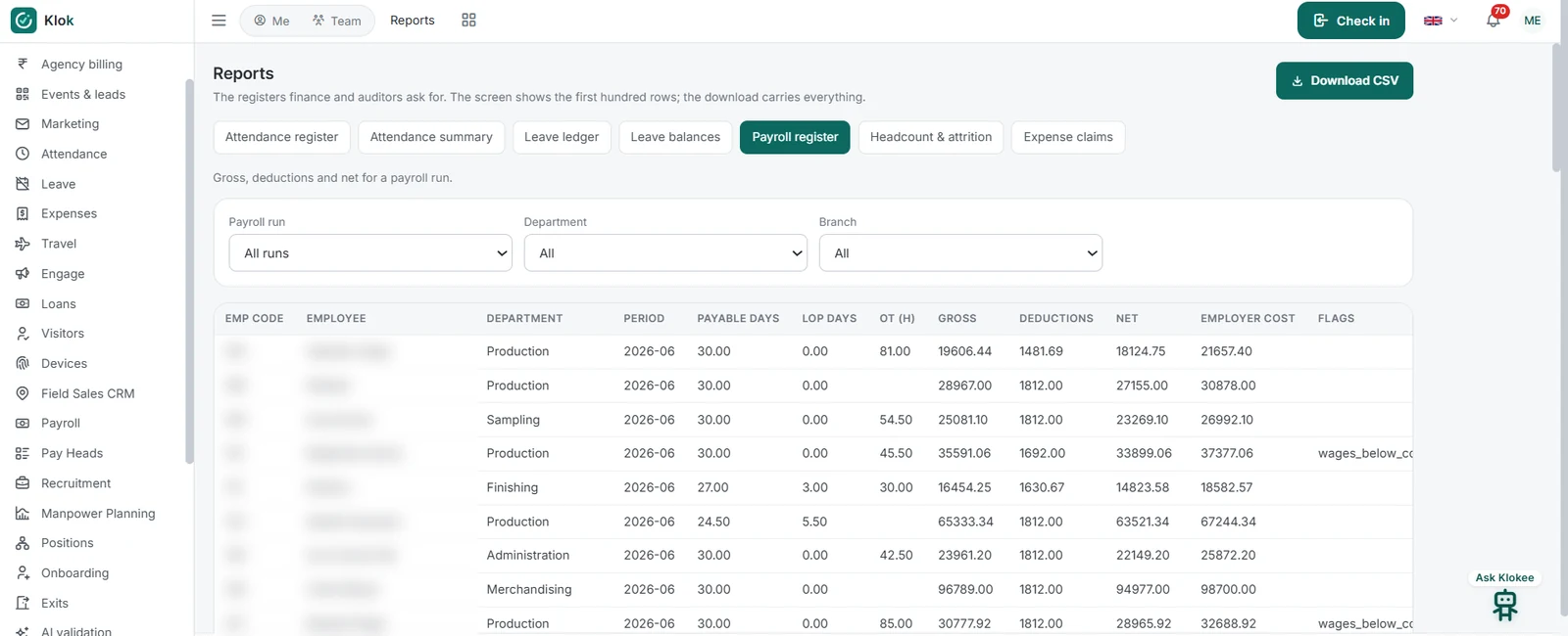 Klok module dashboard, a real screen from the app